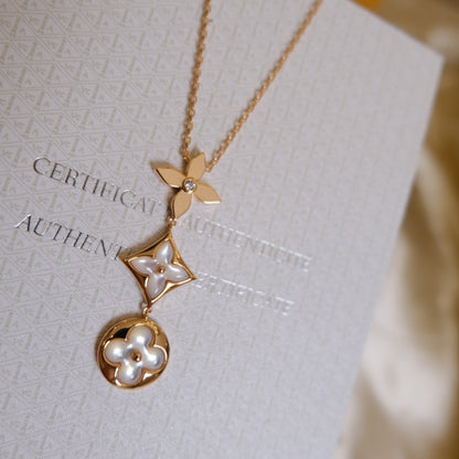 [LuckyStar] COLOR BLOSSOM LARIAT HALSKETTE ROSA GOLD WEIß PERLE UND DIAMANT