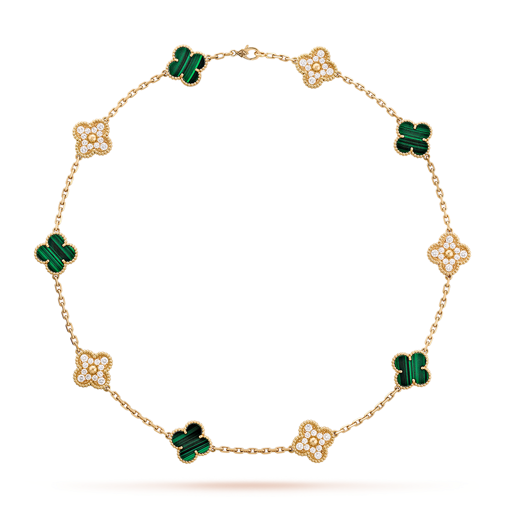 [LuckyStar]CLOVER 10 MOTIFS MALACHITE DIAMOND NECKLACE