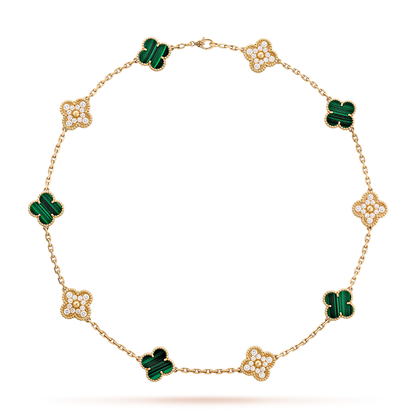 [LuckyStar]CLOVER 10 MOTIFS MALACHITE DIAMOND NECKLACE