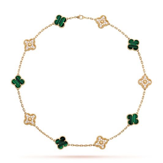 [LuckyStar]CLOVER 10 MOTIFS MALACHITE DIAMOND NECKLACE