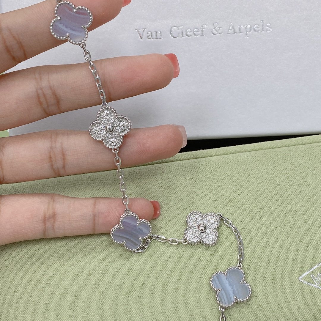 [LuckyStar]CLOVER 5 MOTIV DIAMANT LILA CHALCEDON ARMBAND SILBER 