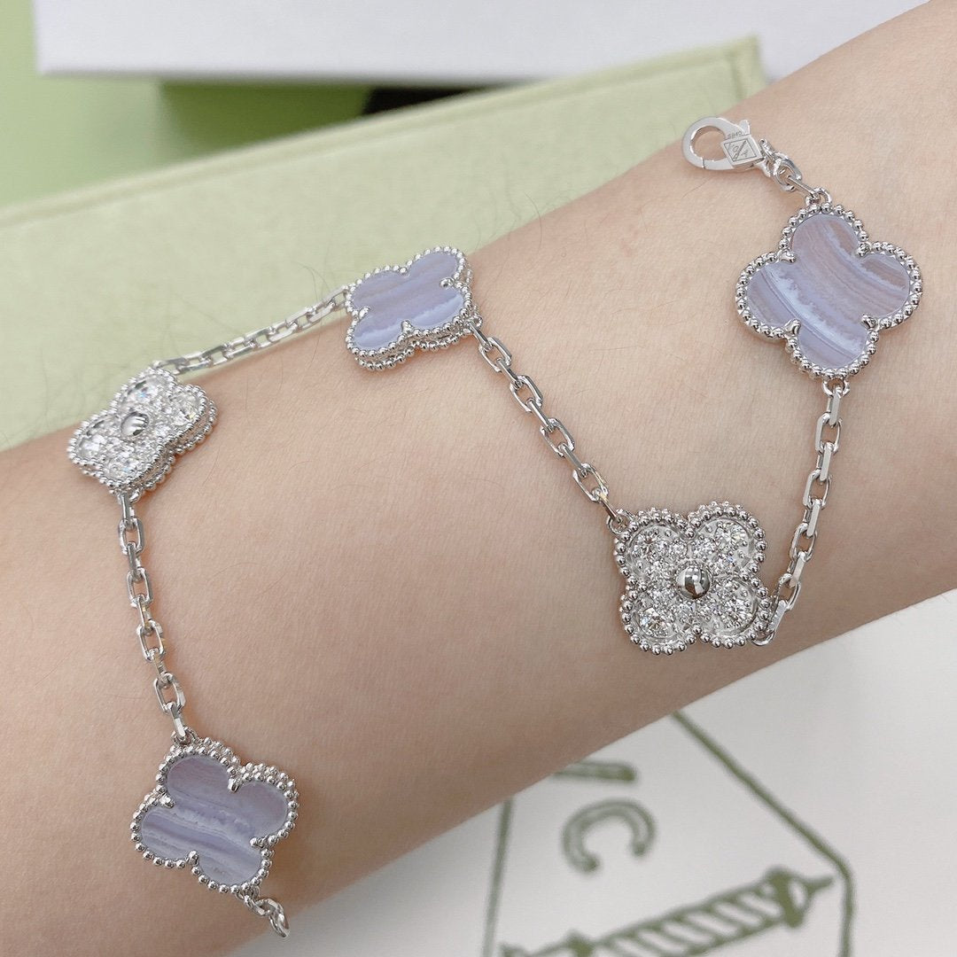 [LuckyStar]CLOVER 5 MOTIV DIAMANT LILA CHALCEDON ARMBAND SILBER 