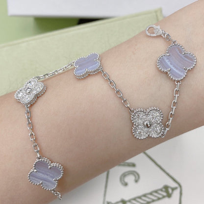 [LuckyStar]CLOVER 5 MOTIV DIAMANT LILA CHALCEDON ARMBAND SILBER 