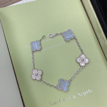 [LuckyStar]CLOVER 5 MOTIV DIAMANT LILA CHALCEDON ARMBAND SILBER 