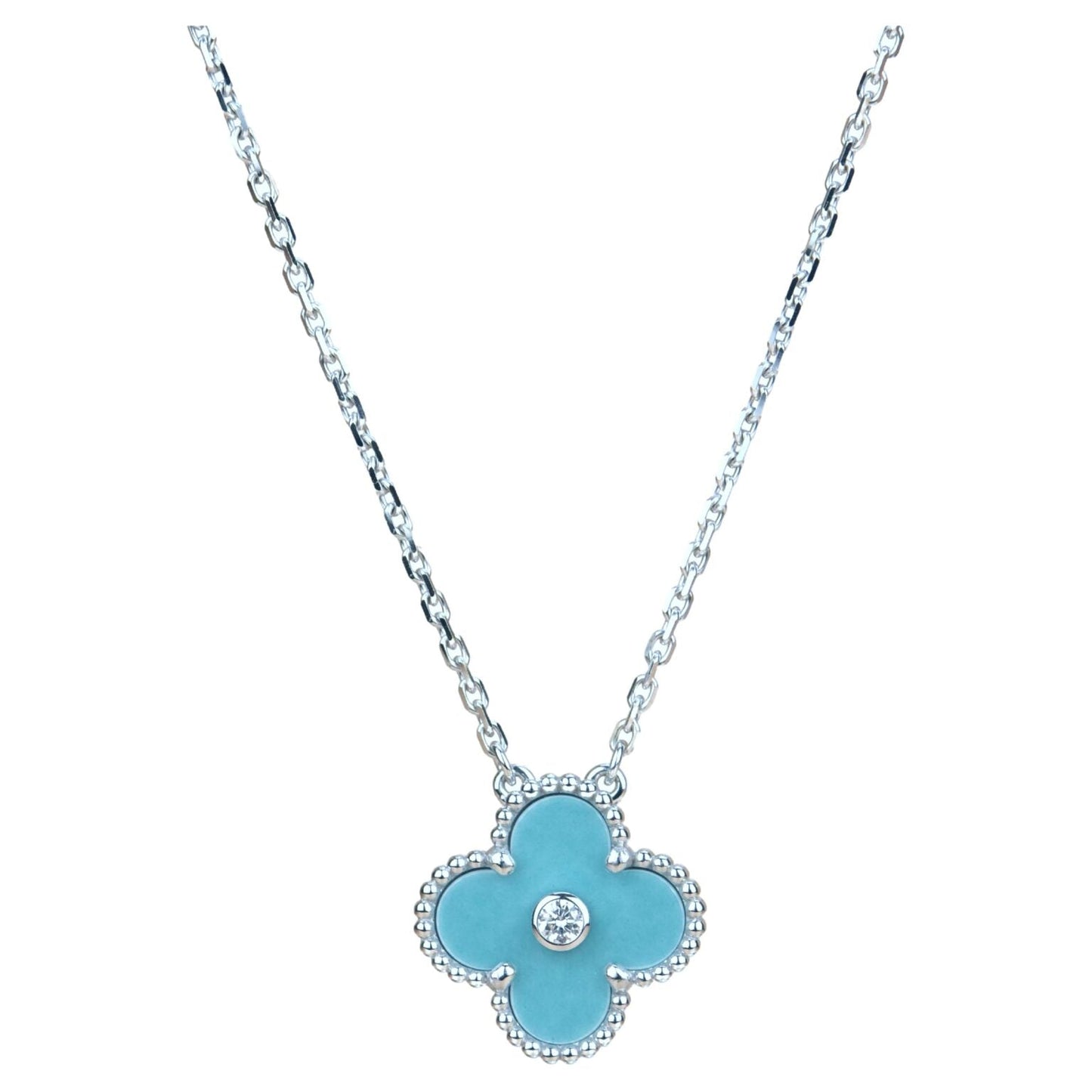 [LuckyStar]CLOVER 15MM DIAMANT SVRES PORZELLAN HALSKETTE SILBER