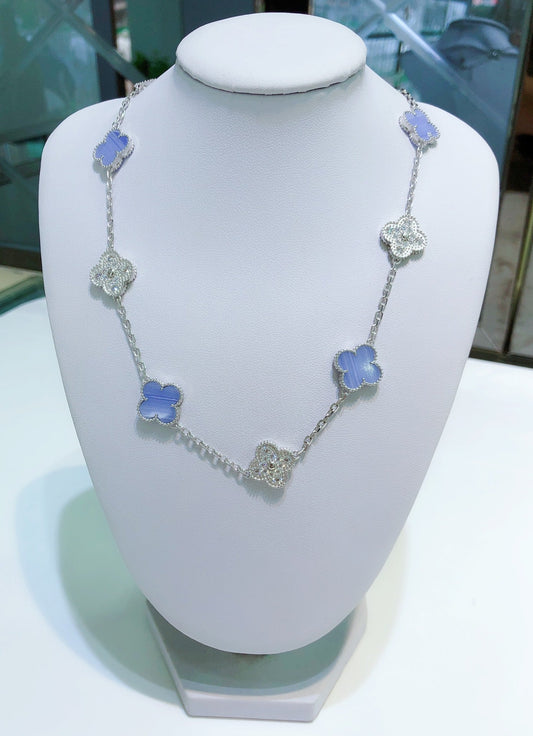 [LuckyStar]CLOVER 10 MOTIVE CHALCEDON DIAMANTEN SILBER HALSKETTE