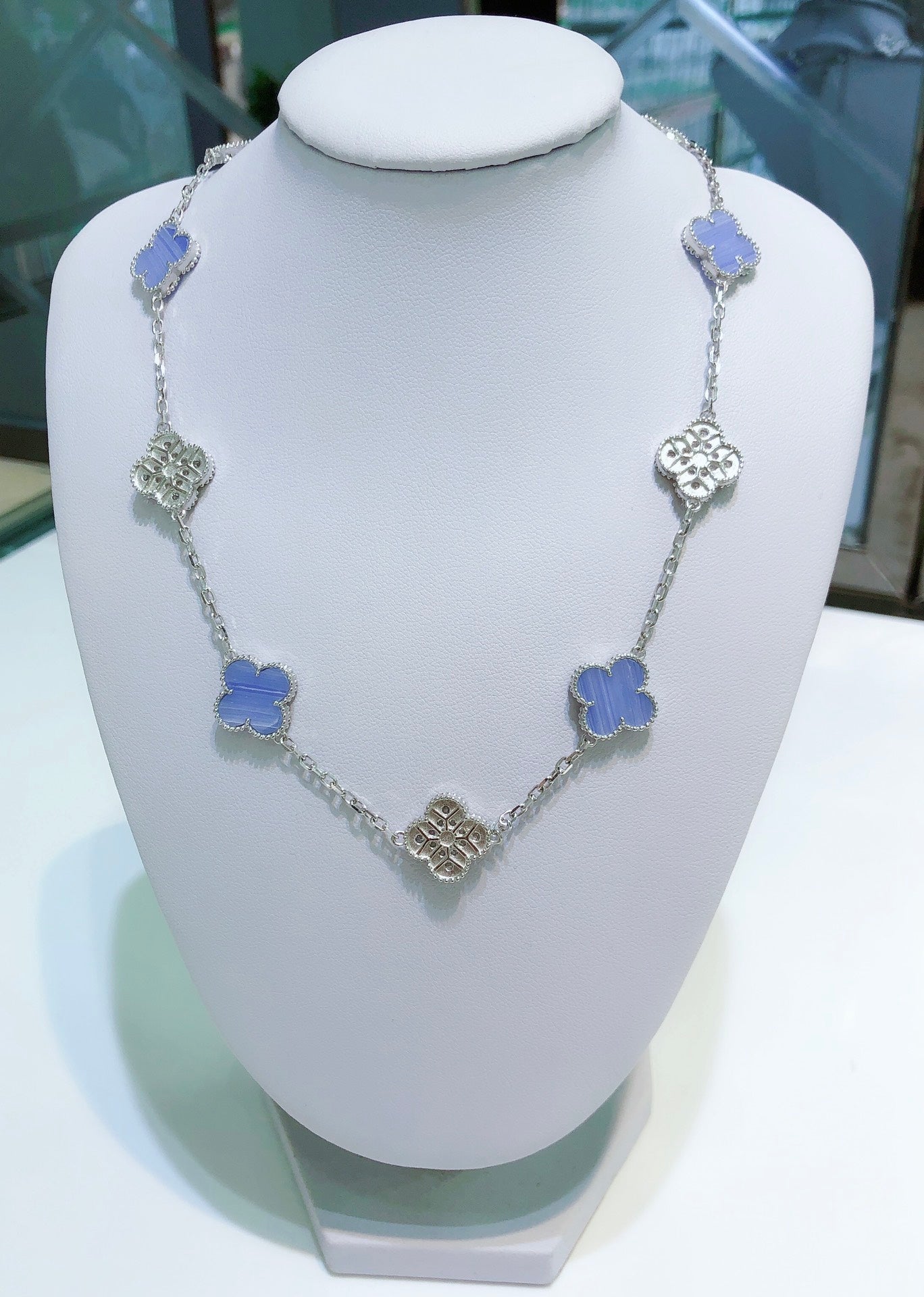 [LuckyStar]CLOVER 10 MOTIVE CHALCEDON DIAMANTEN SILBER HALSKETTE