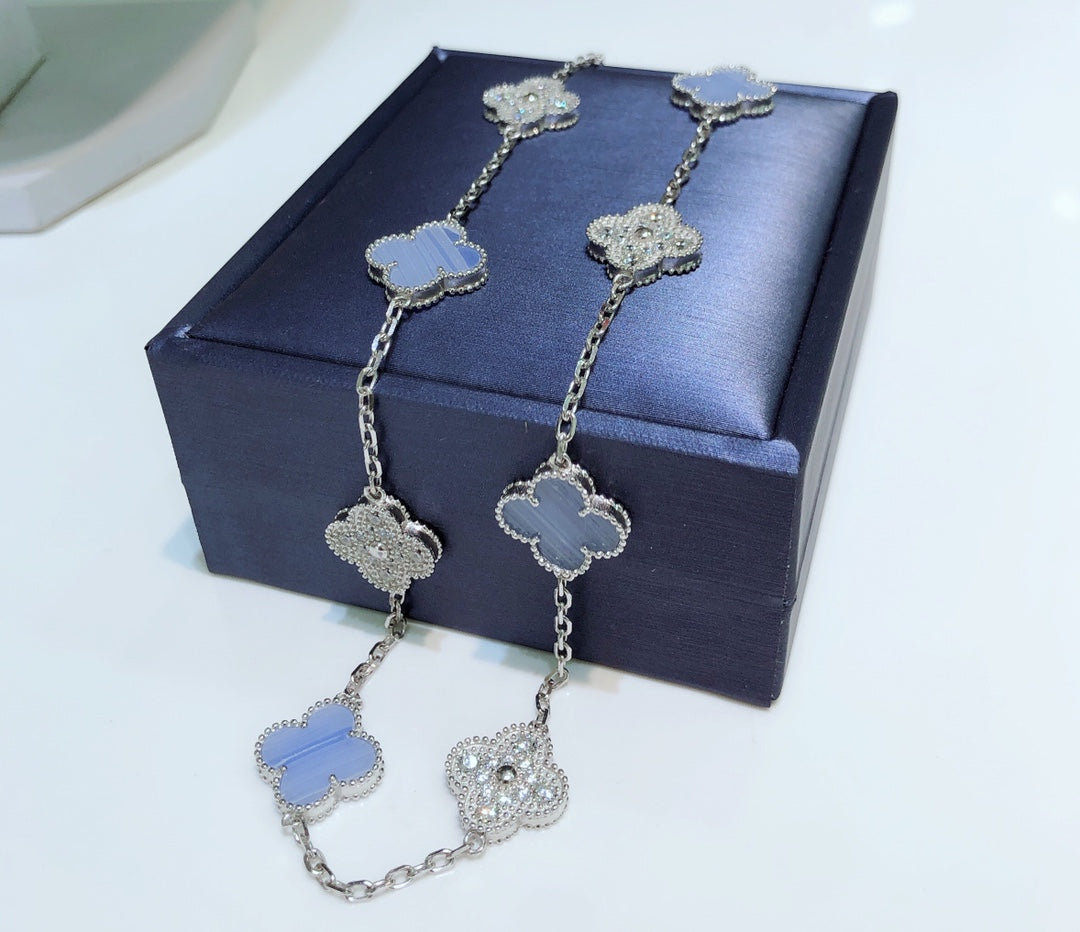 [LuckyStar]CLOVER 10 MOTIVE CHALCEDON DIAMANTEN SILBER HALSKETTE