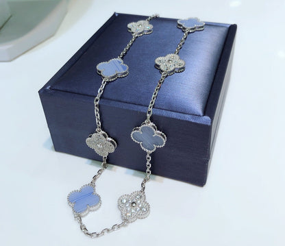 [LuckyStar]CLOVER 10 MOTIVE CHALCEDON DIAMANTEN SILBER HALSKETTE