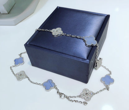 [LuckyStar]CLOVER 10 MOTIVE CHALCEDON DIAMANTEN SILBER HALSKETTE
