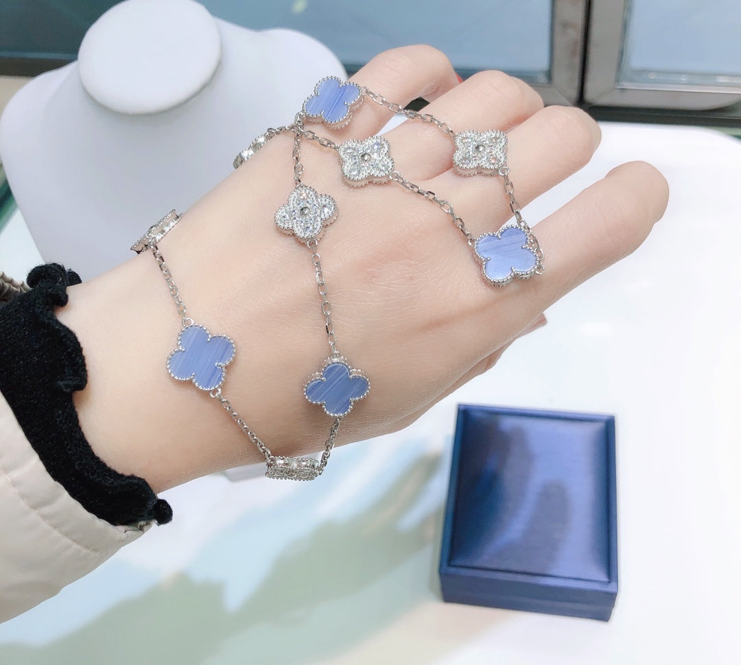 [LuckyStar]CLOVER 10 MOTIVE CHALCEDON DIAMANTEN SILBER HALSKETTE